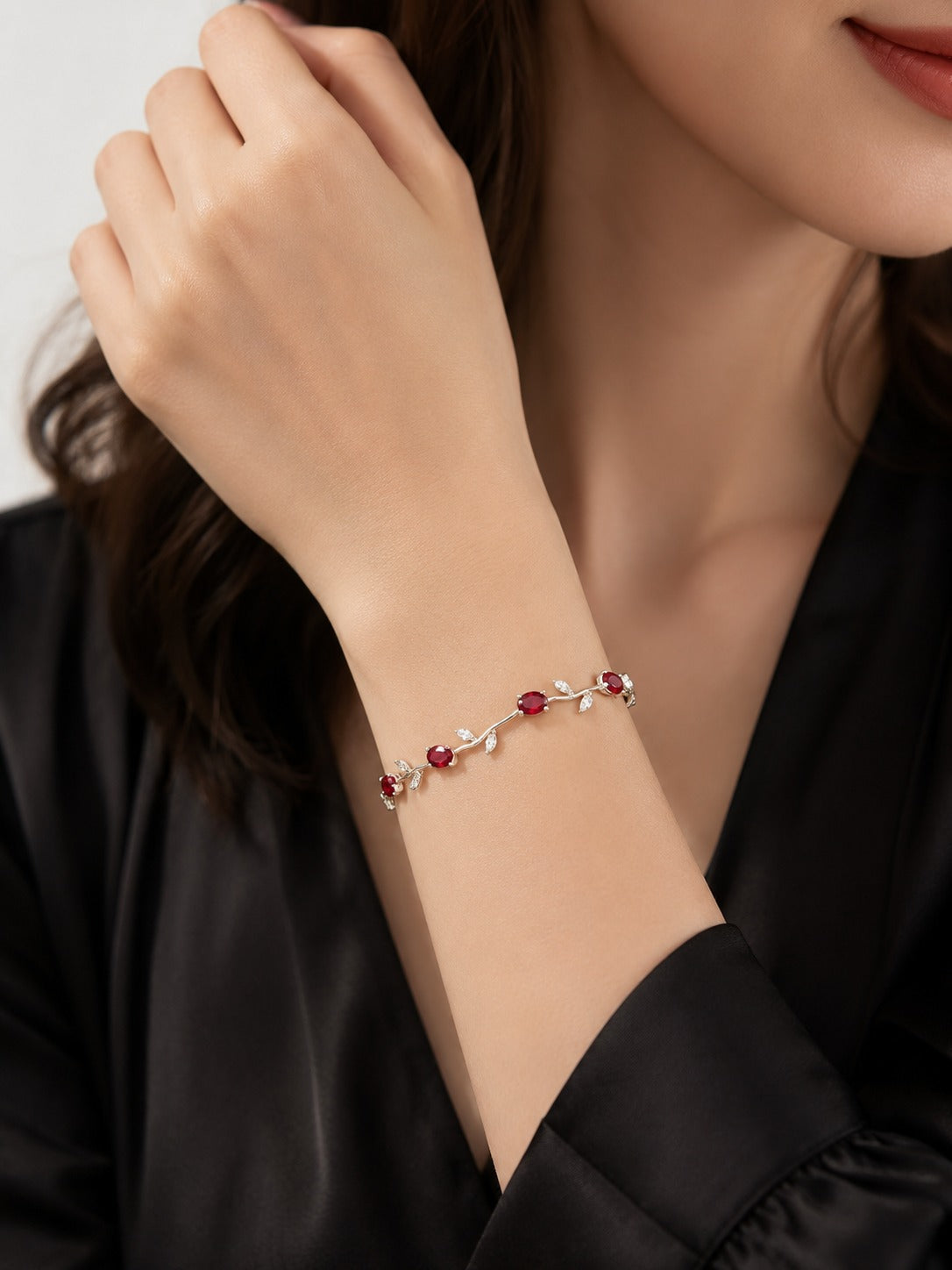 Luxury Ruby Red Floral Vine Bracelet | Silver Crystal Jewelry