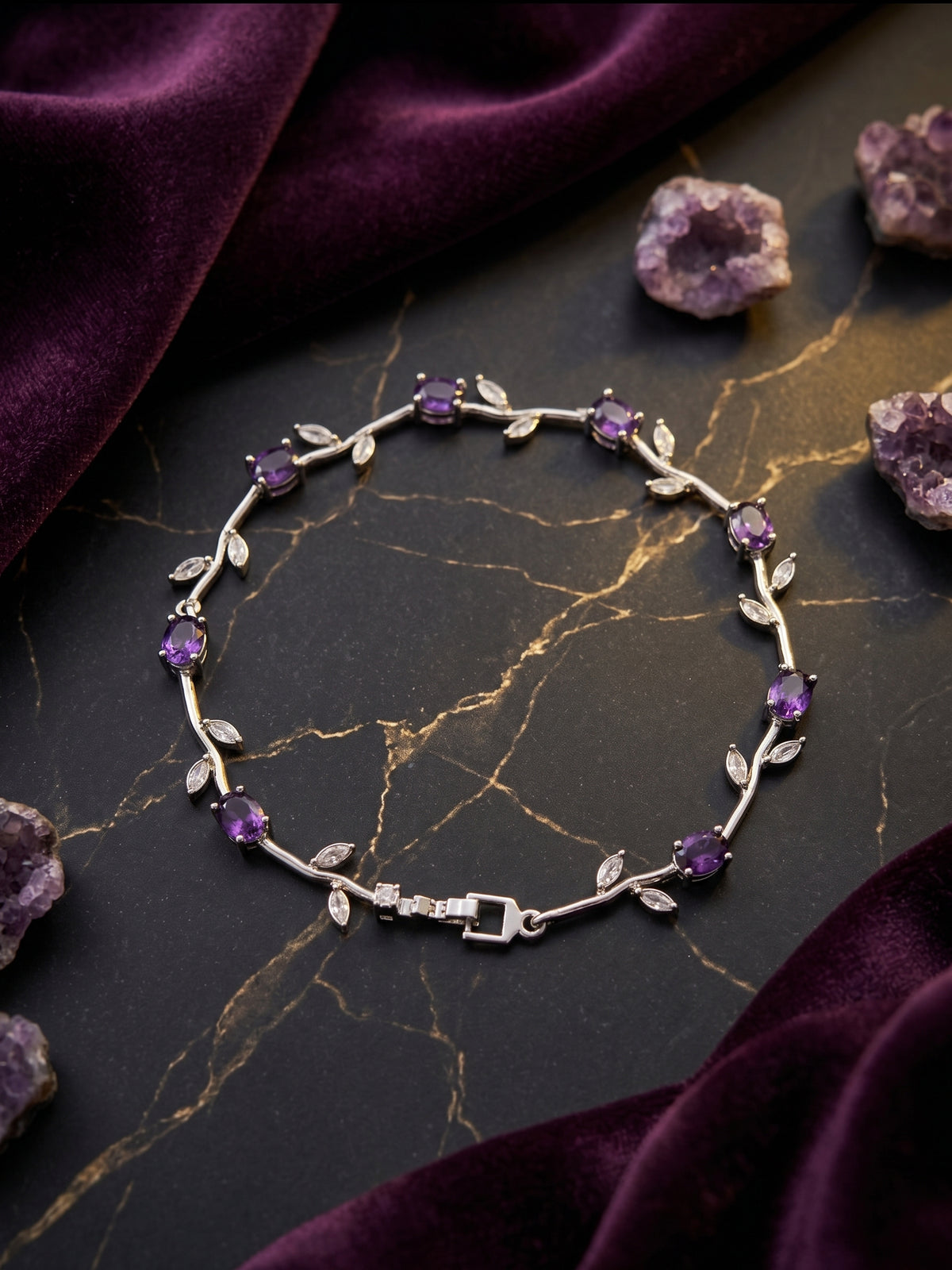 Luxury Amethyst Floral Vine Bracelet | Premium Silver Plated Botanical Jewelry