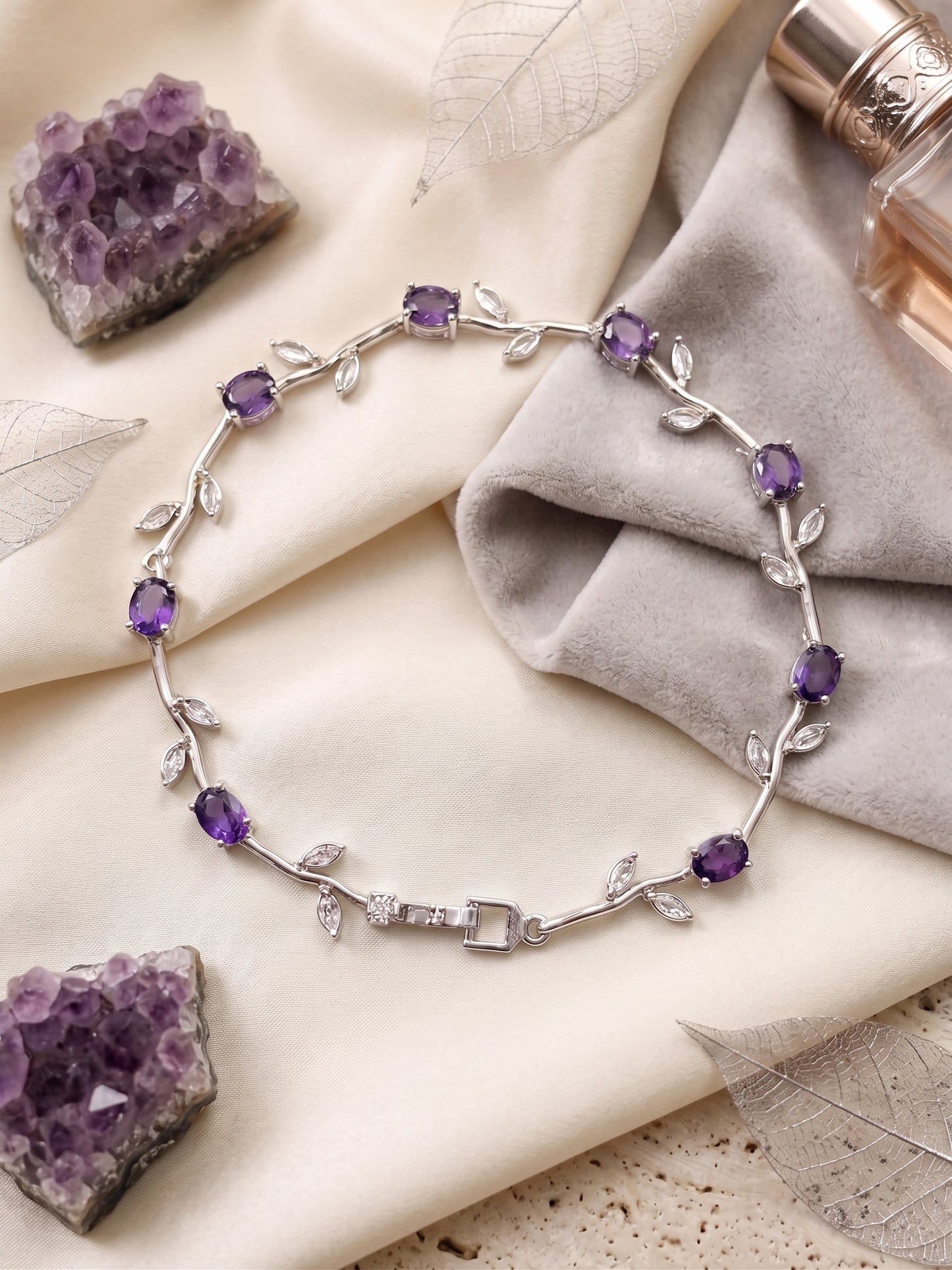 Luxury Amethyst Floral Vine Bracelet | Premium Silver Plated Botanical Jewelry