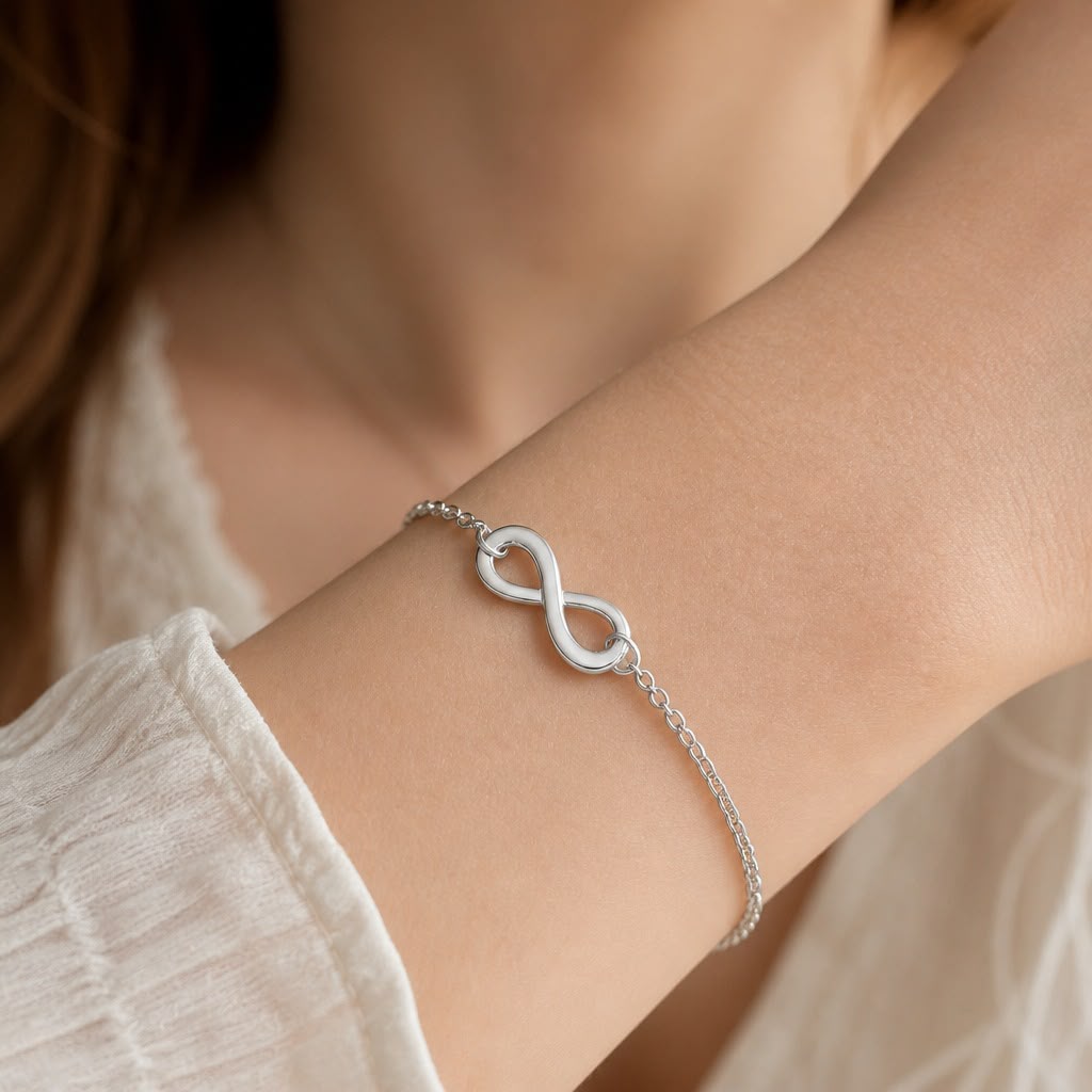 A delicate silver infinity bracelet worn on a woman's wrist, shown in a close-up lifestyle shot with a soft-focus background.