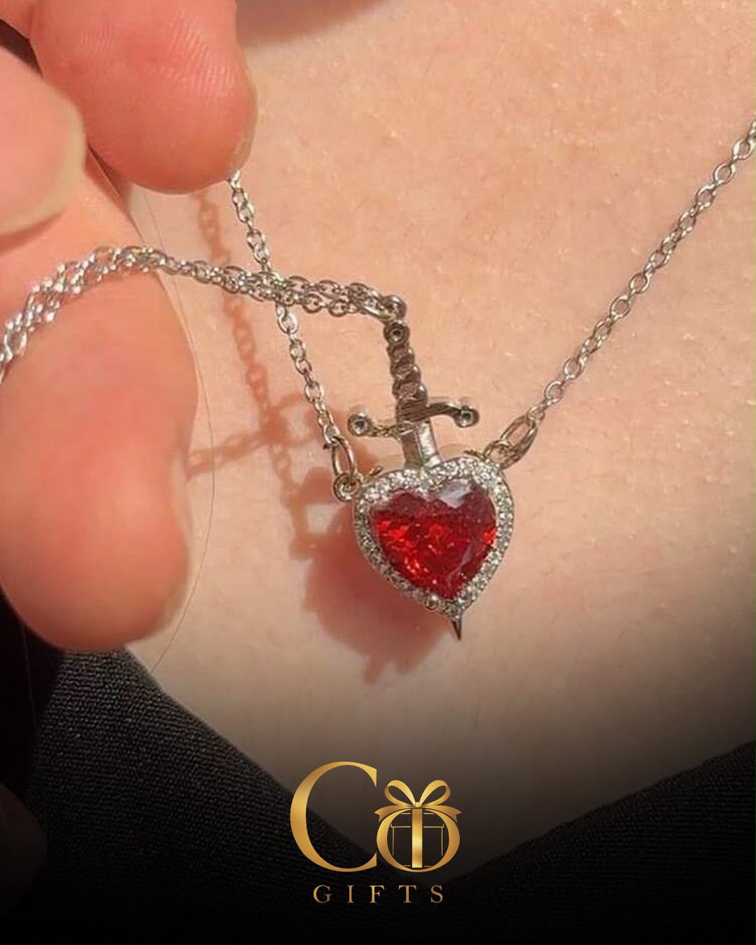 Heart & Sword Necklace with red stone
