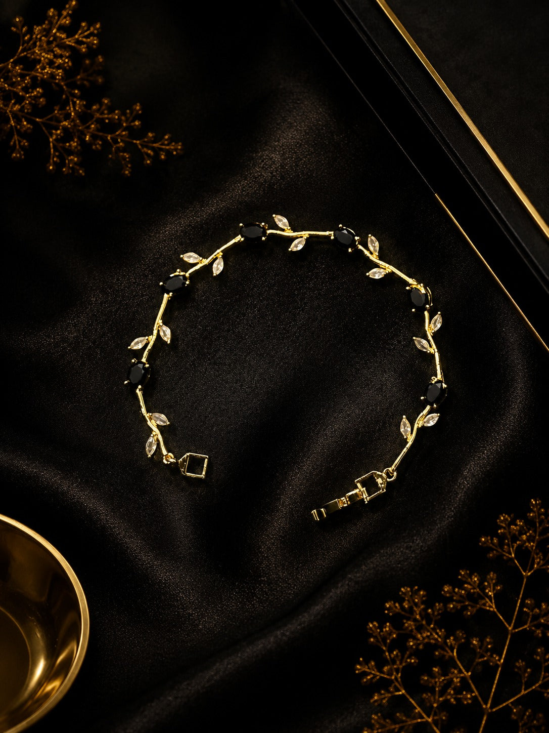 Elegant Black Tulip Vine Bracelet | Luxury Gold Plated Floral Crystal Jewelry