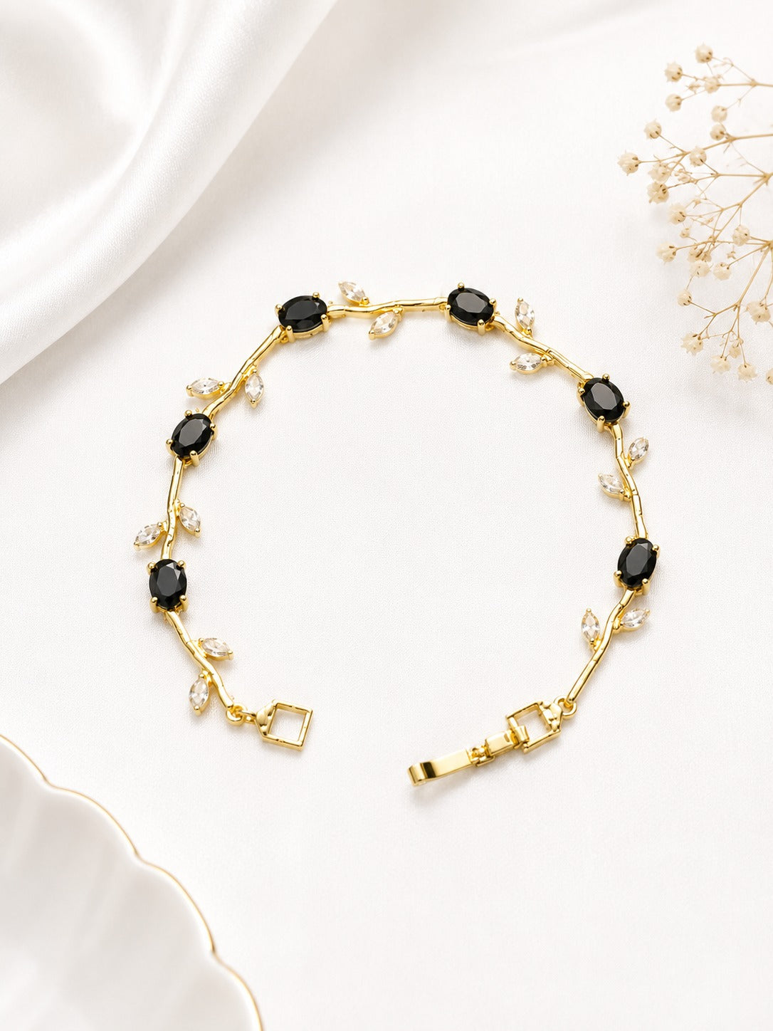 Elegant Black Tulip Vine Bracelet | Luxury Gold Plated Floral Crystal Jewelry