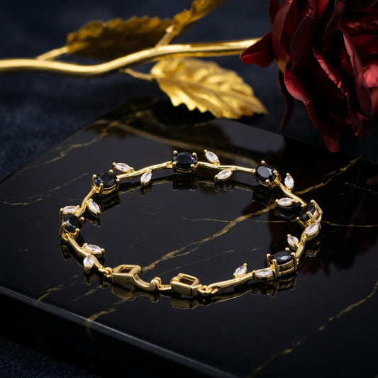 Elegant Black Tulip Vine Bracelet | Luxury Gold Plated Floral Crystal Jewelry