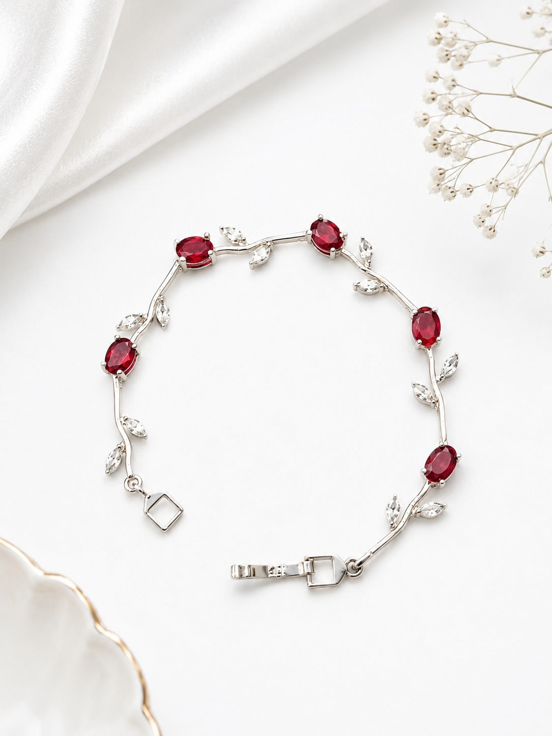 Luxury Ruby Red Floral Vine Bracelet | Silver Crystal Jewelry