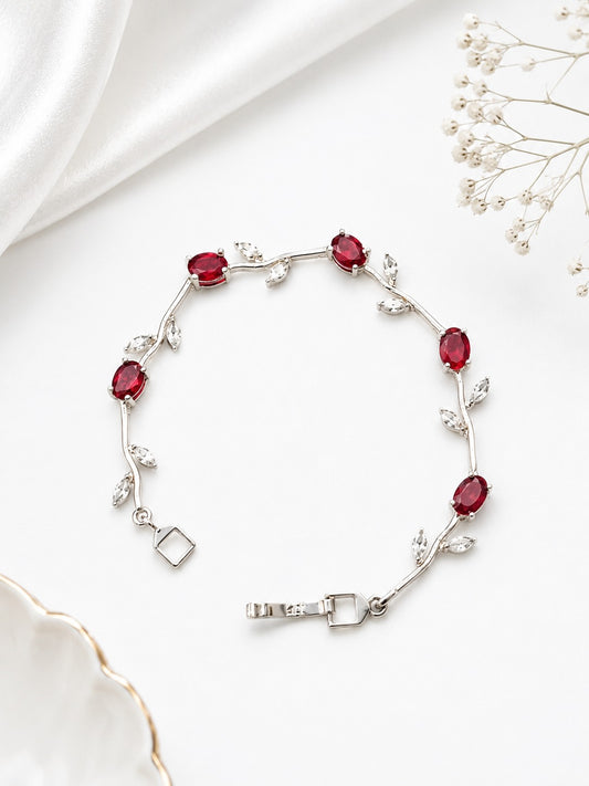 Luxury Ruby Red Floral Vine Bracelet | Silver Crystal Jewelry