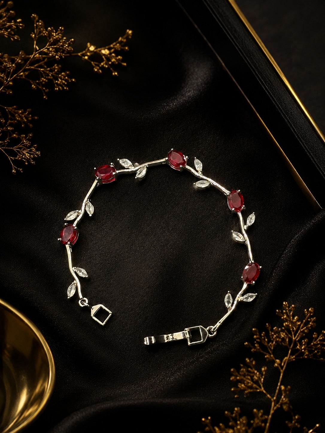 Luxury Ruby Red Floral Vine Bracelet | Silver Crystal Jewelry