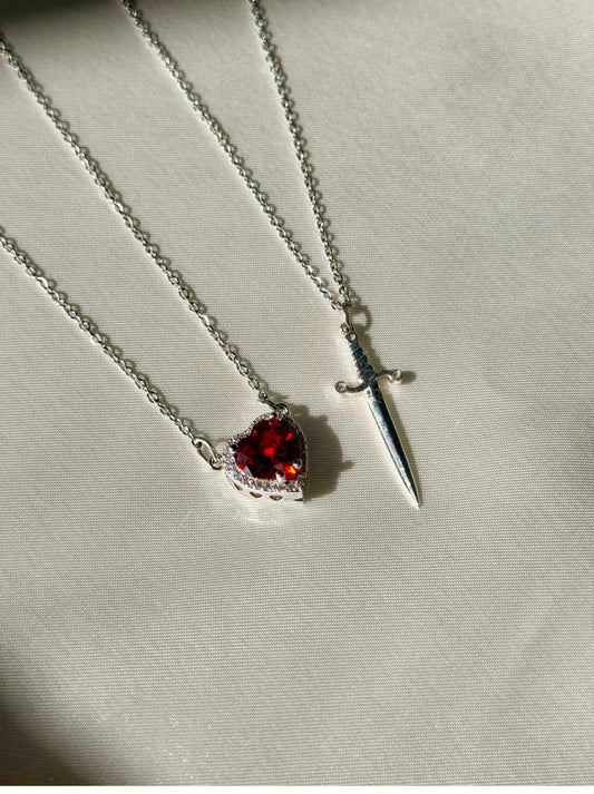 Heart & Sword Necklace with red stone